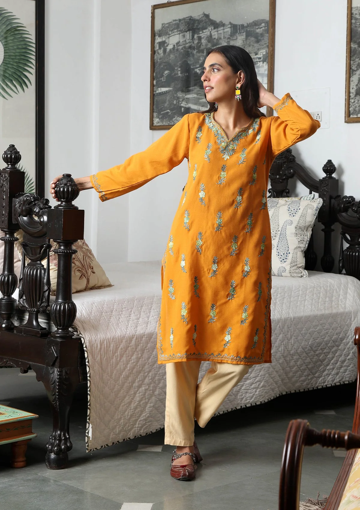 HOC Aari Embroidered Cotton Solid Women's Long Kurta - Yellow