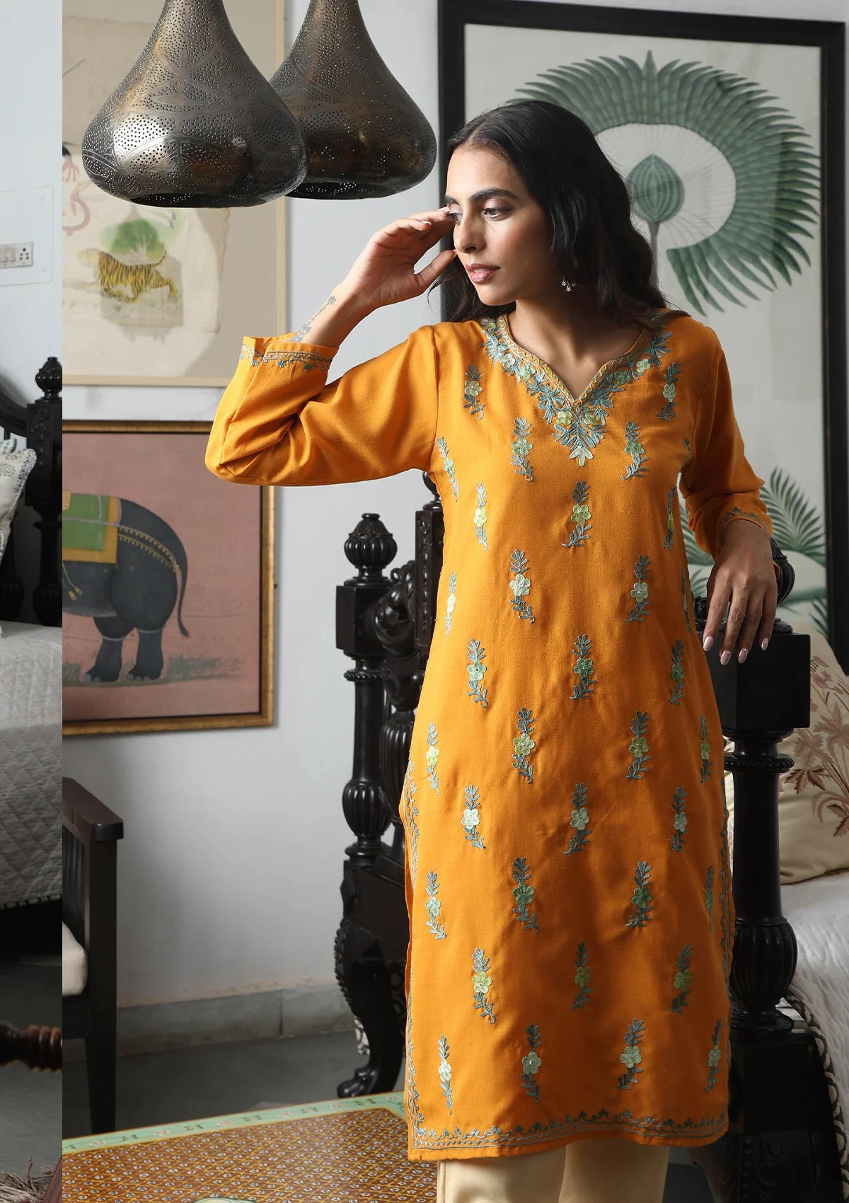 HOC Aari Embroidered Cotton Solid Women's Long Kurta - Yellow - Image 2