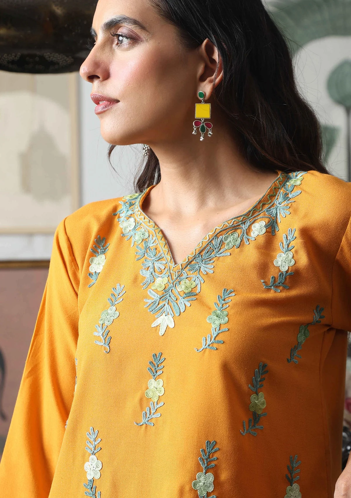 HOC Aari Embroidered Cotton Solid Women's Long Kurta - Yellow - Image 3