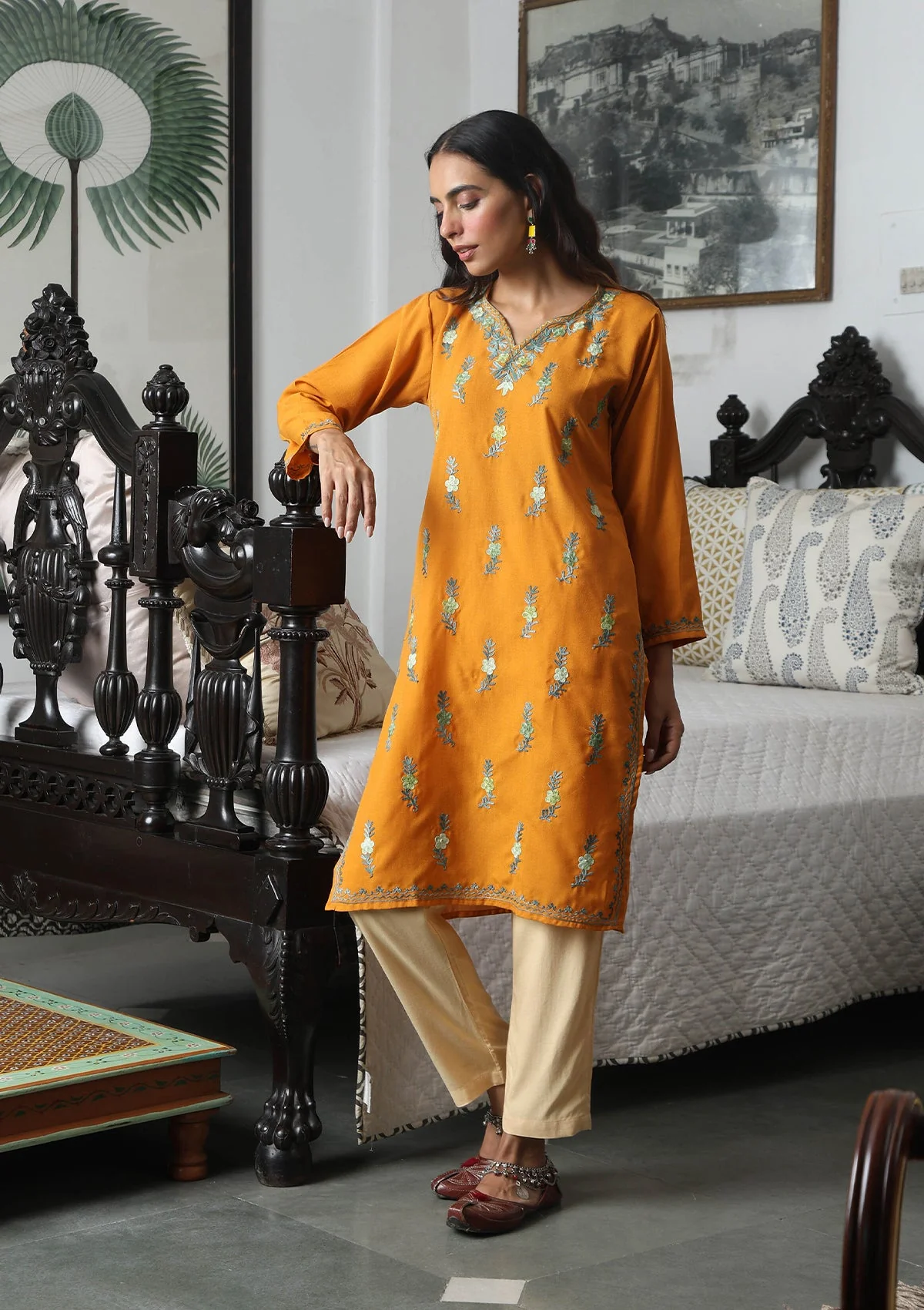 HOC Aari Embroidered Cotton Solid Women's Long Kurta - Yellow - Image 4