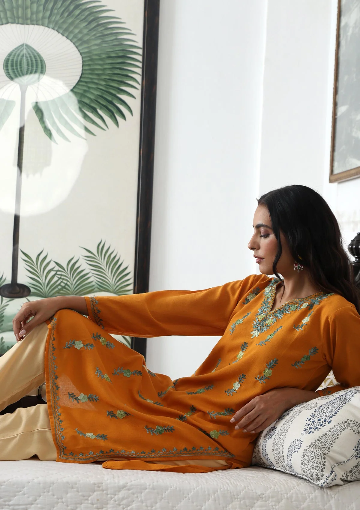 HOC Aari Embroidered Cotton Solid Women's Long Kurta - Yellow - Image 5