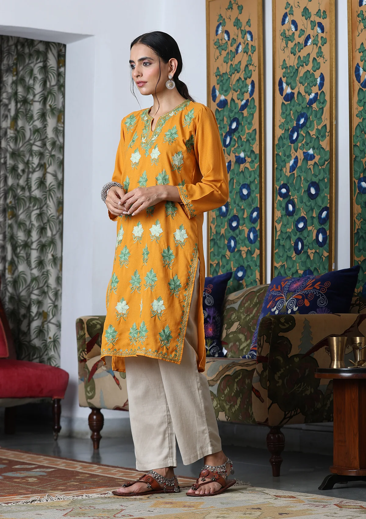 HOC Aari Embroidered Cotton Solid Women's Long Kurta - Yellow - Image 3