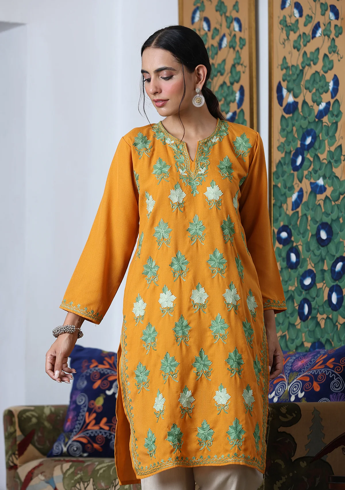 HOC Aari Embroidered Cotton Solid Women's Long Kurta - Yellow - Image 4