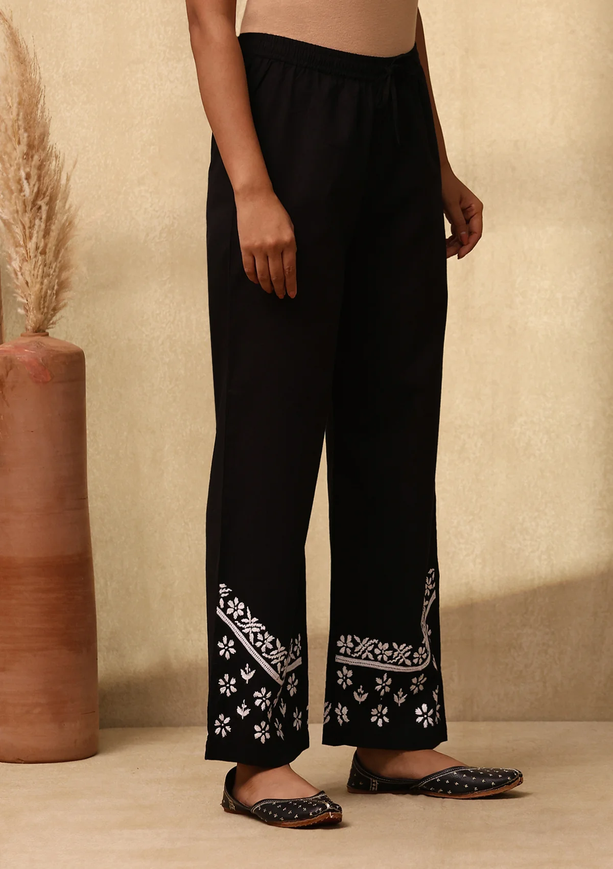 HOC Cotton Cambric Chikankari Solid Women's Palazzo - Black - Image 3