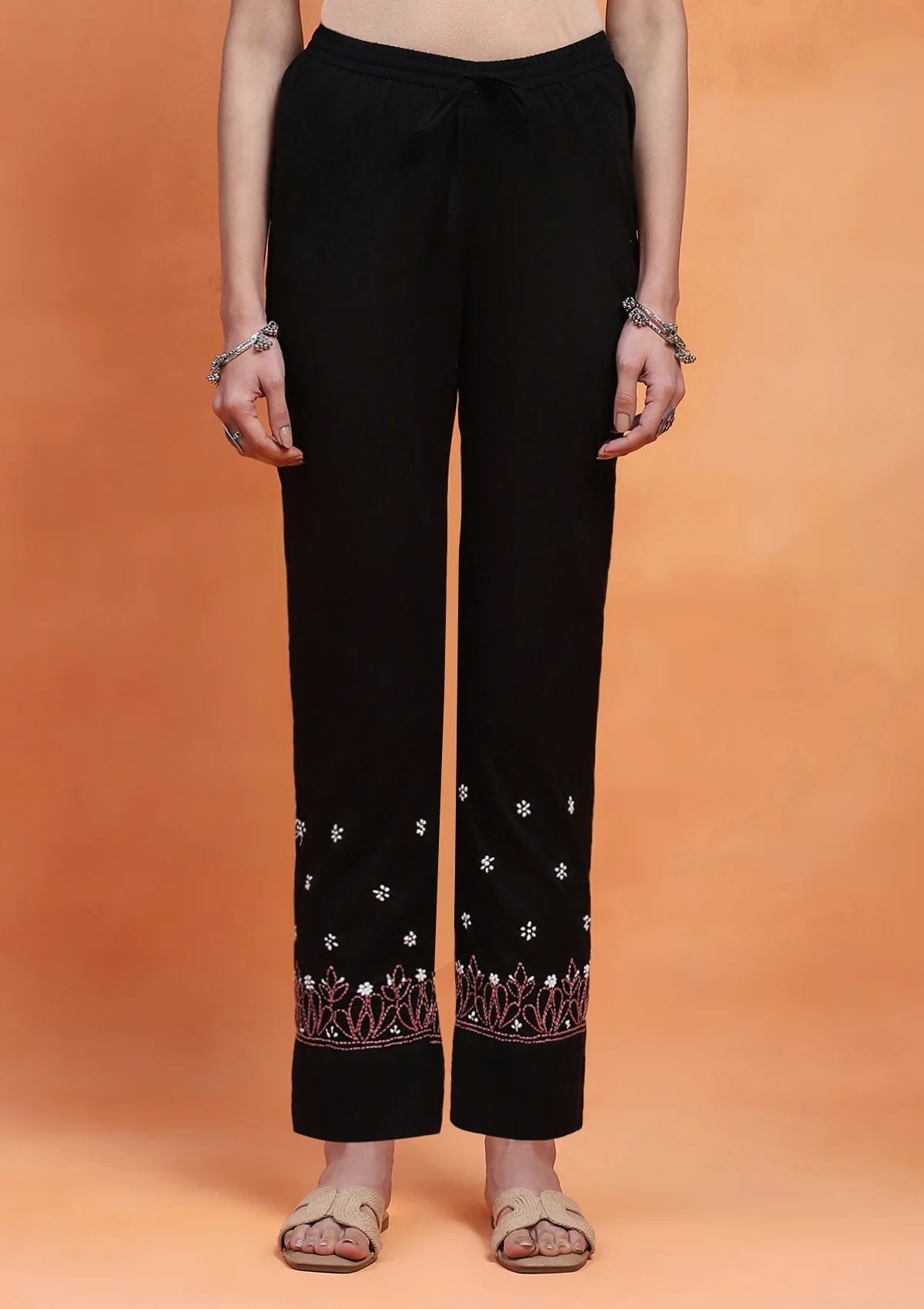 HOC Cotton Cambric Chikankari Solid Women's Pant - Black