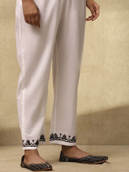 HOC Cotton Cambric Chikankari Solid Women's Pant - White - Image 2