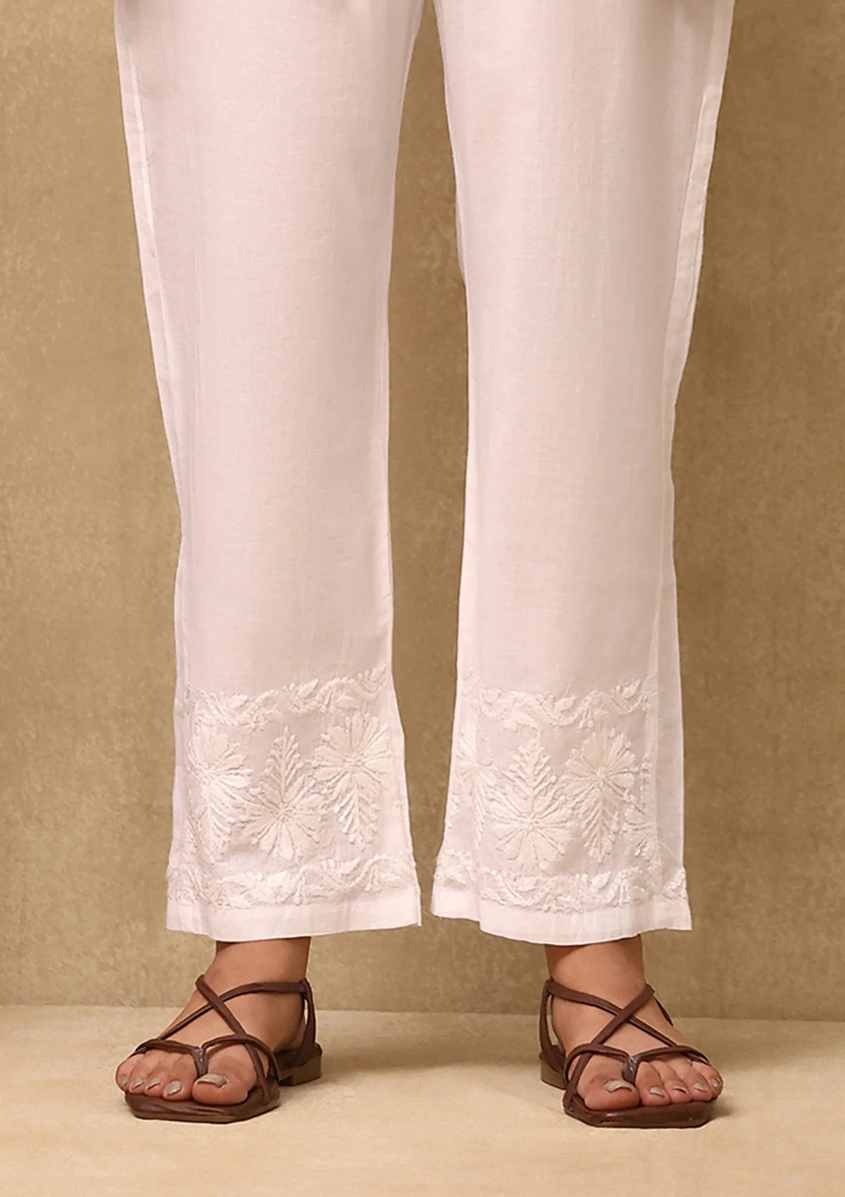 HOC Cotton Cambric Chikankari Solid Women's Pant - White - Image 2