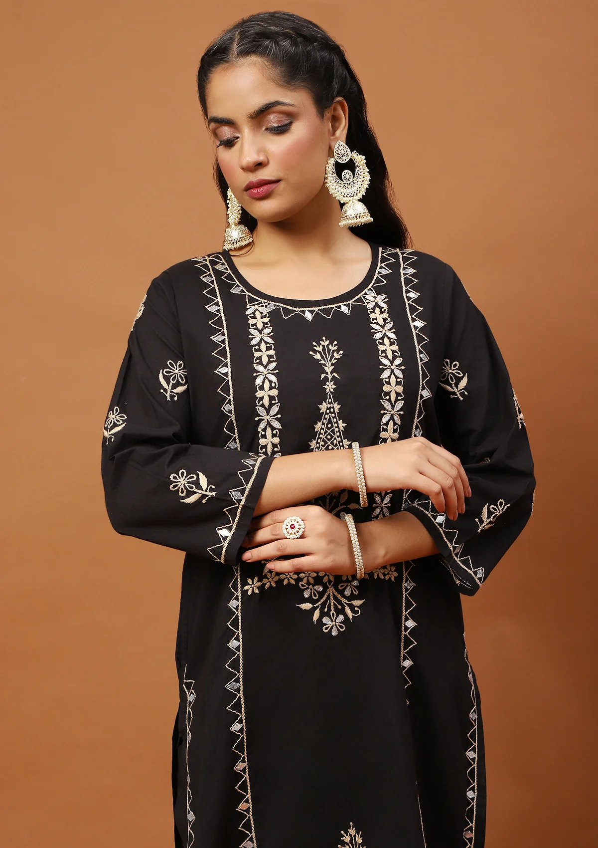 HOC Cotton Chikankari Gota Work Solid Women's 2PC Long Kurta Set -Black - Image 2