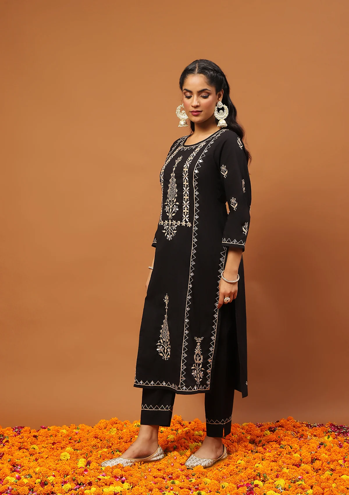 HOC Cotton Chikankari Gota Work Solid Women's 2PC Long Kurta Set -Black - Image 3