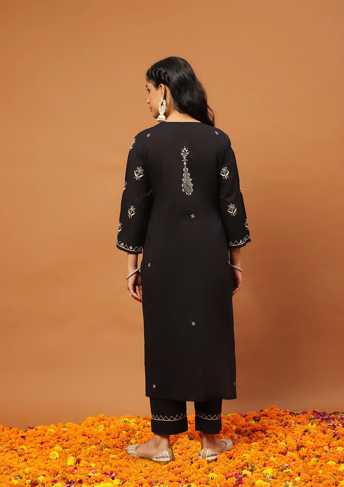 HOC Cotton Chikankari Gota Work Solid Women's 2PC Long Kurta Set -Black - Image 5