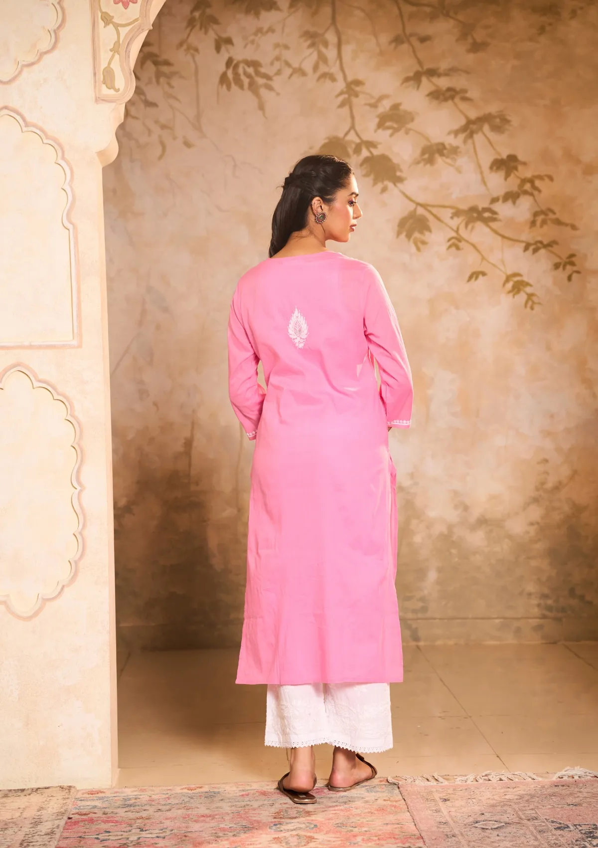 HOC Cotton Chikankari Gota Work Solid Women's Long Kurta -Pink - Image 5