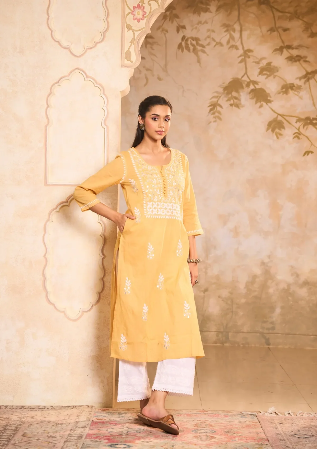 HOC Cotton Chikankari Gota Work Solid Women's Long Kurta -Yellow - Image 3