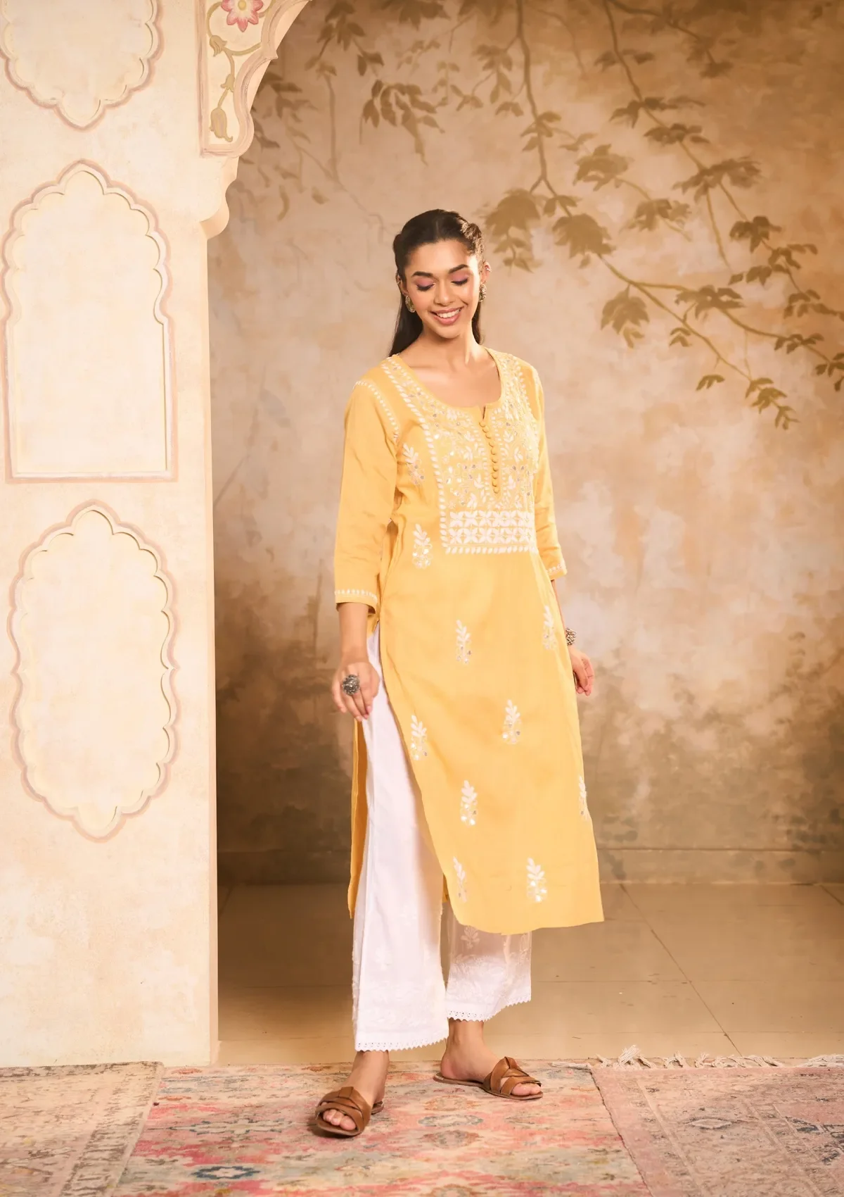 HOC Cotton Chikankari Gota Work Solid Women's Long Kurta -Yellow - Image 4