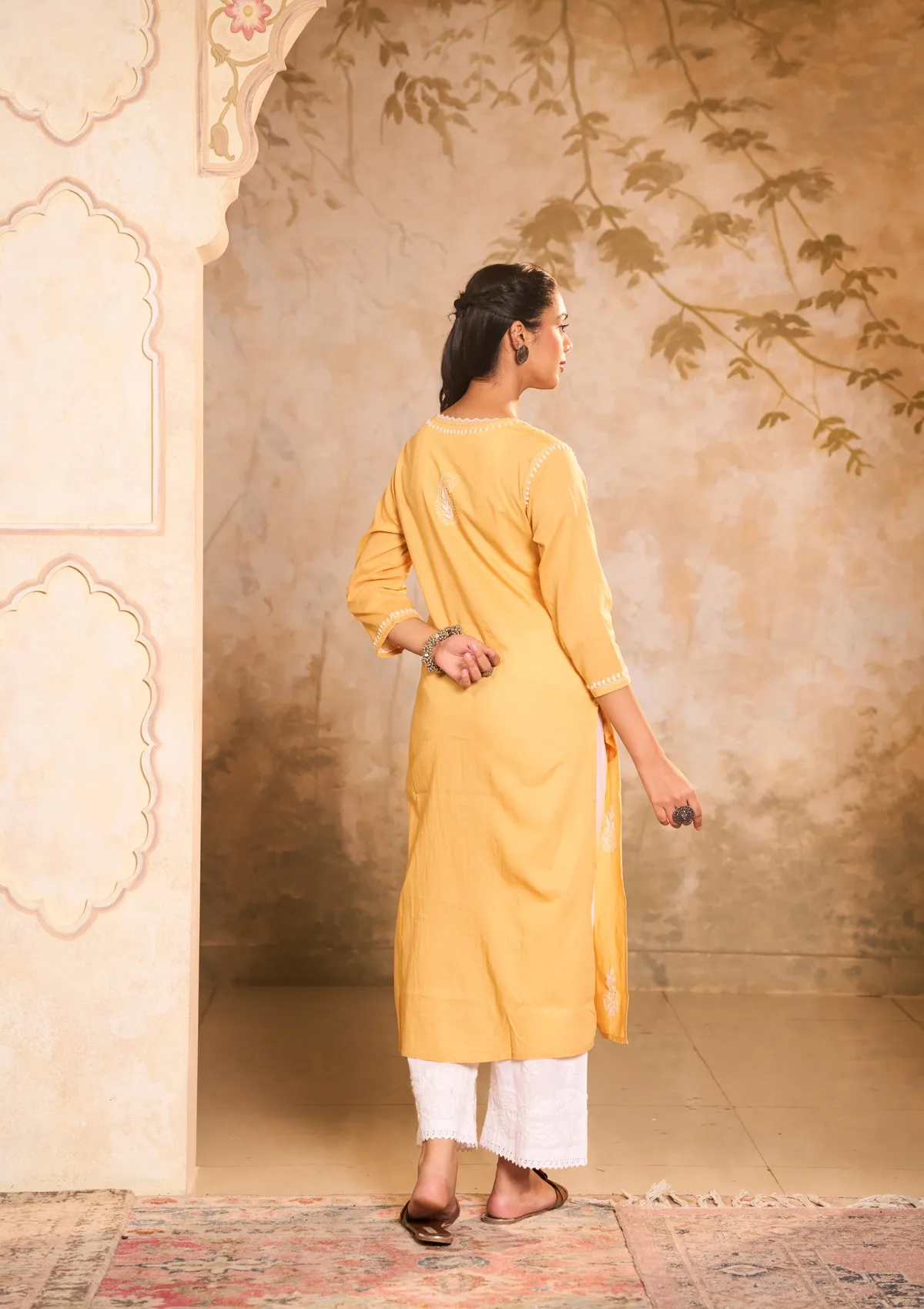 HOC Cotton Chikankari Gota Work Solid Women's Long Kurta -Yellow - Image 5