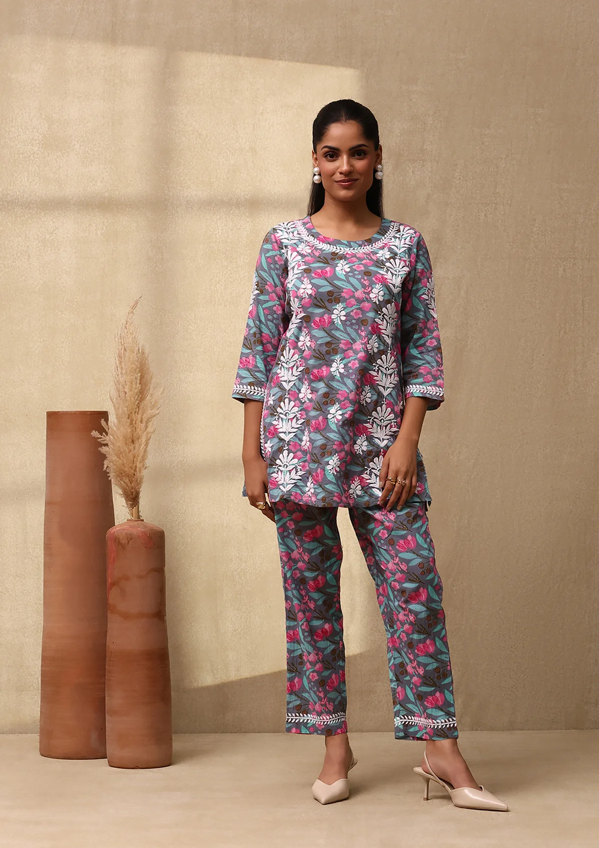 Cotton Chikankari Printed Women's 2 PC Co-ord Set - Grey