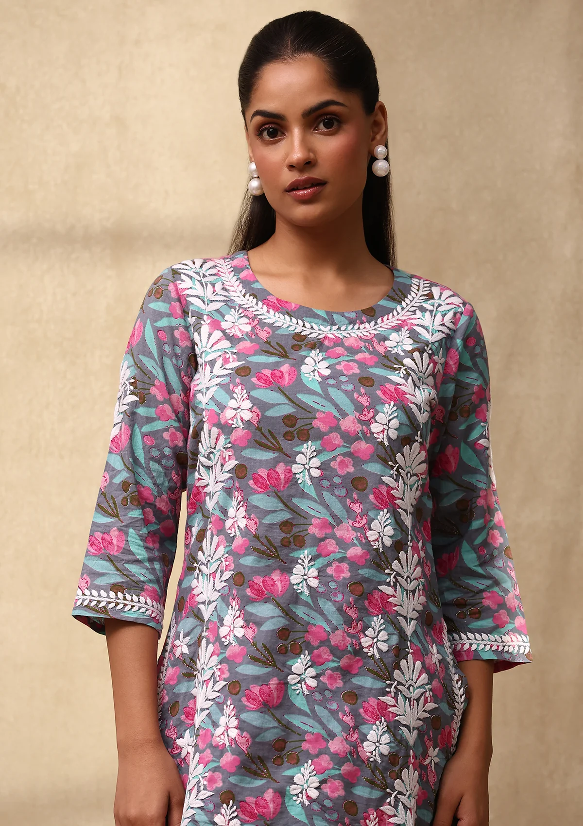 Cotton Chikankari Printed Women's 2 PC Co-ord Set - Grey - Image 2