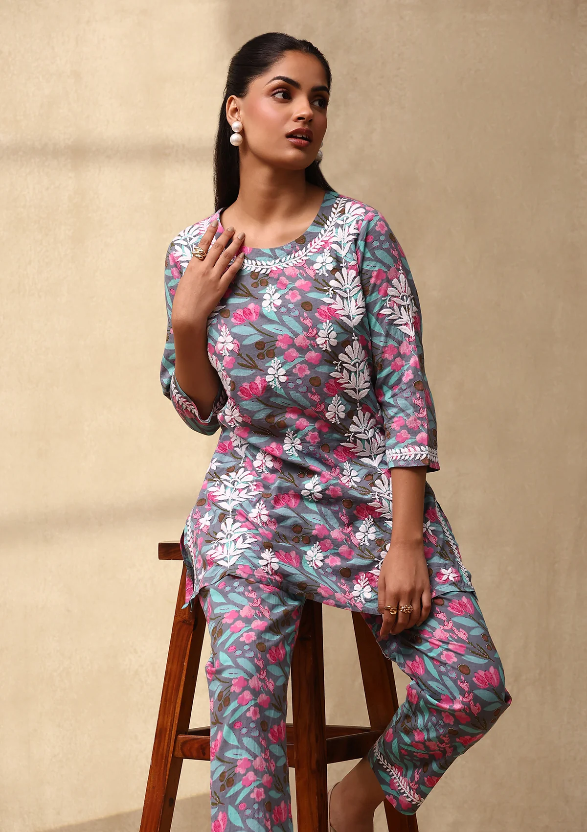 Cotton Chikankari Printed Women's 2 PC Co-ord Set - Grey - Image 3