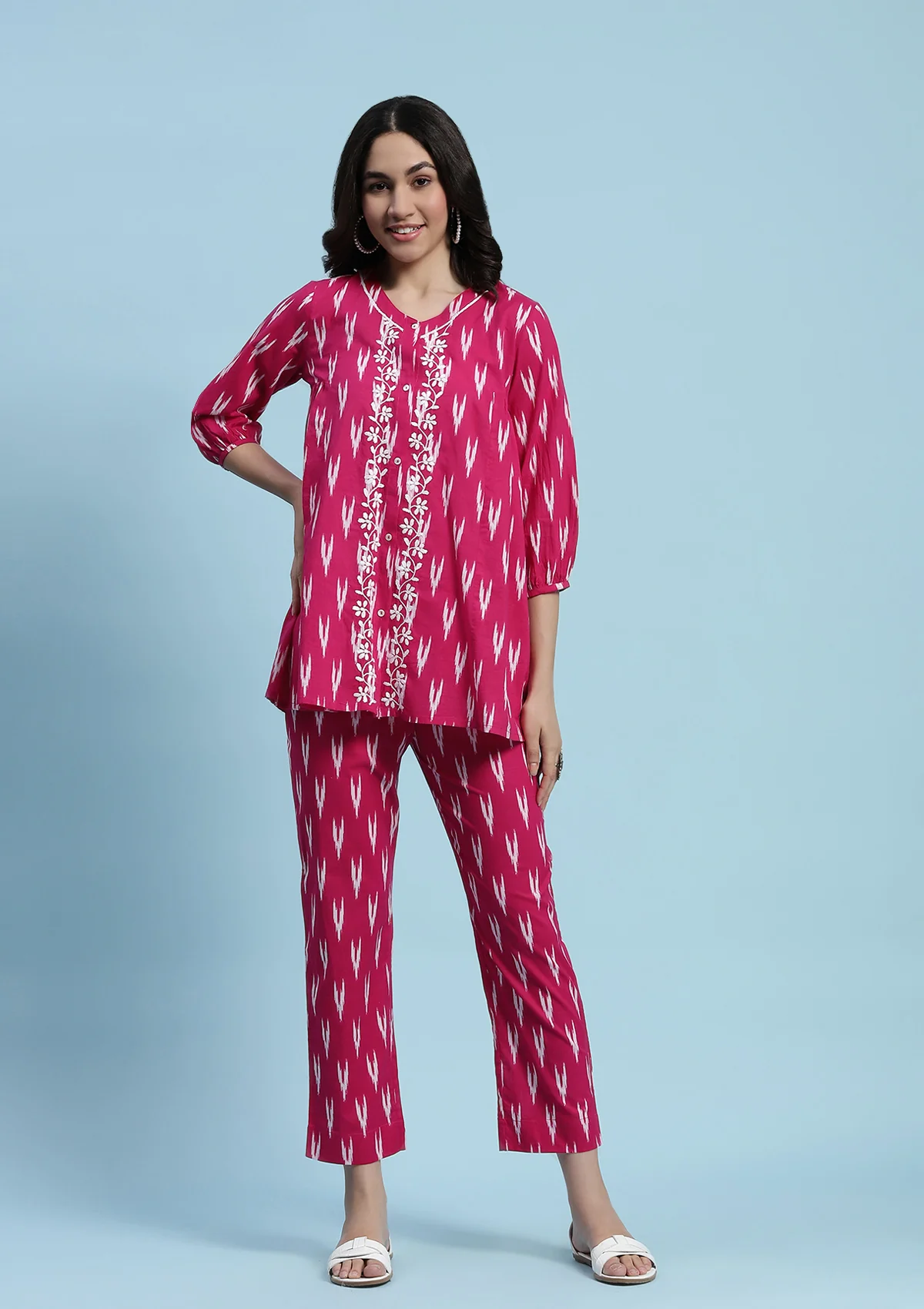 Cotton Chikankari Printed Women's 2 PC Co-ord Set - Pink - Image 2