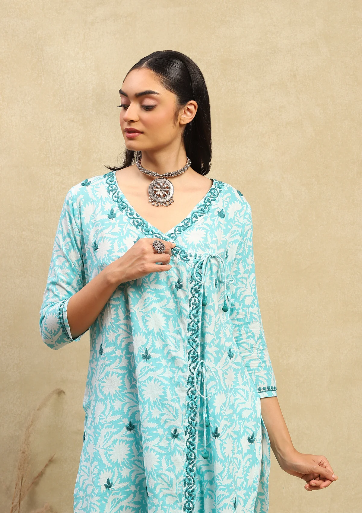 Cotton Chikankari Printed Women's Angrakha - Green - Image 2