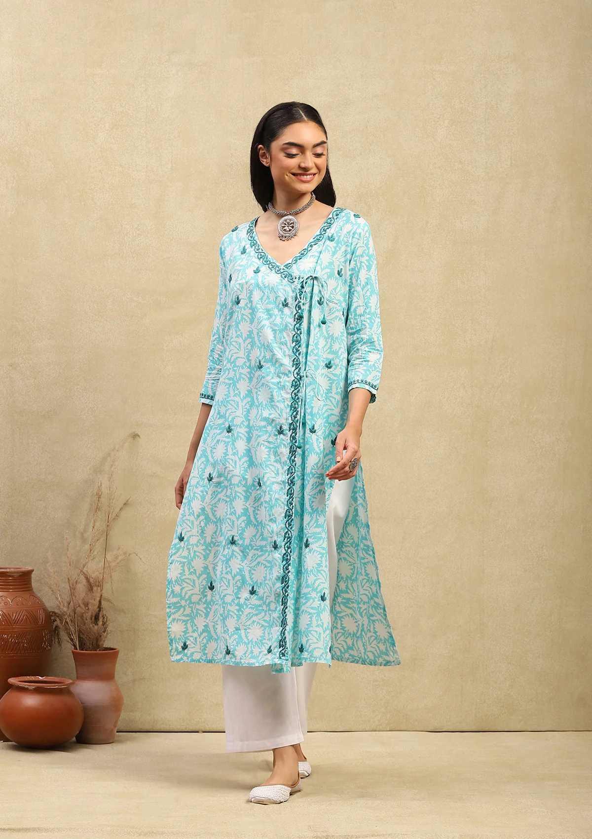 Cotton Chikankari Printed Women's Angrakha - Green - Image 3