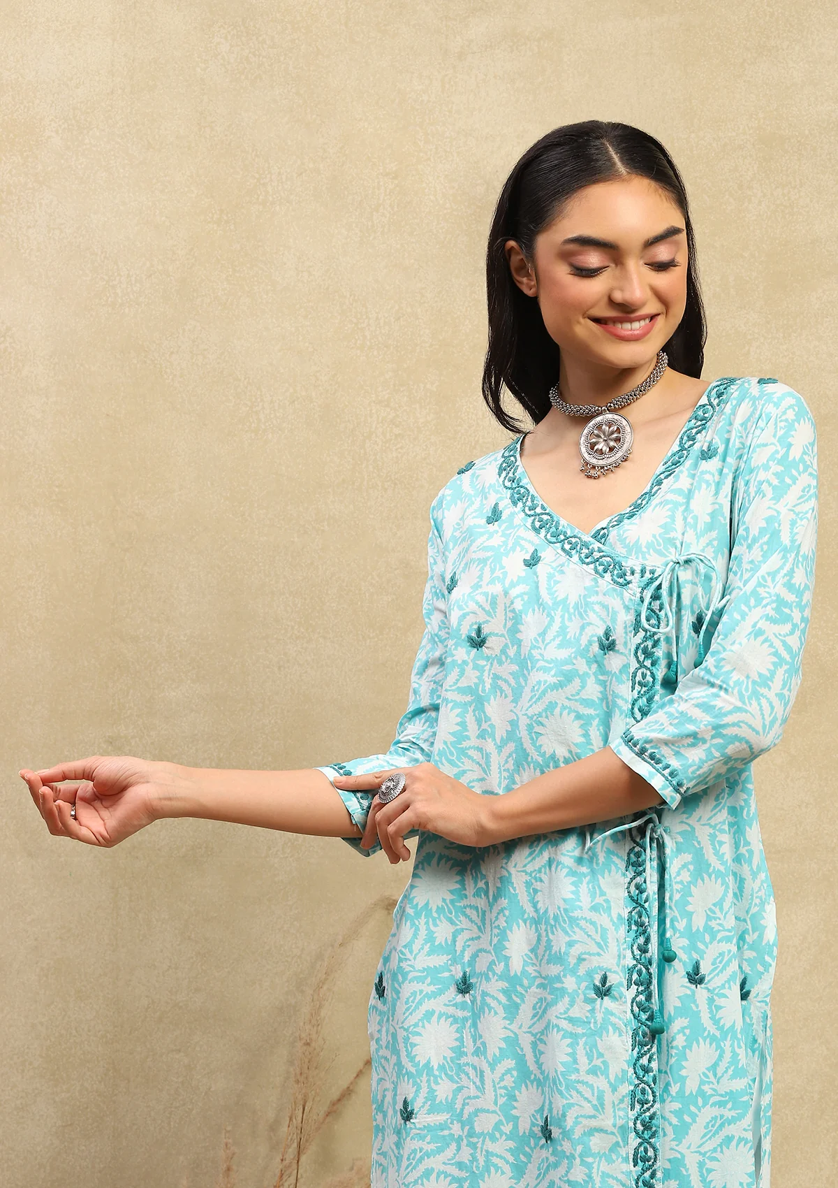 Cotton Chikankari Printed Women's Angrakha - Green - Image 5