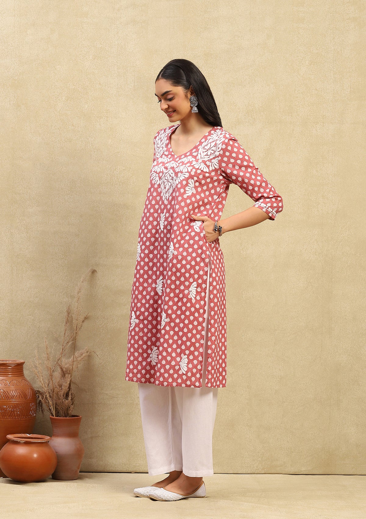 HOC Cotton Chikankari Printed Women's Long Kurta - Dust Pink - Image 3