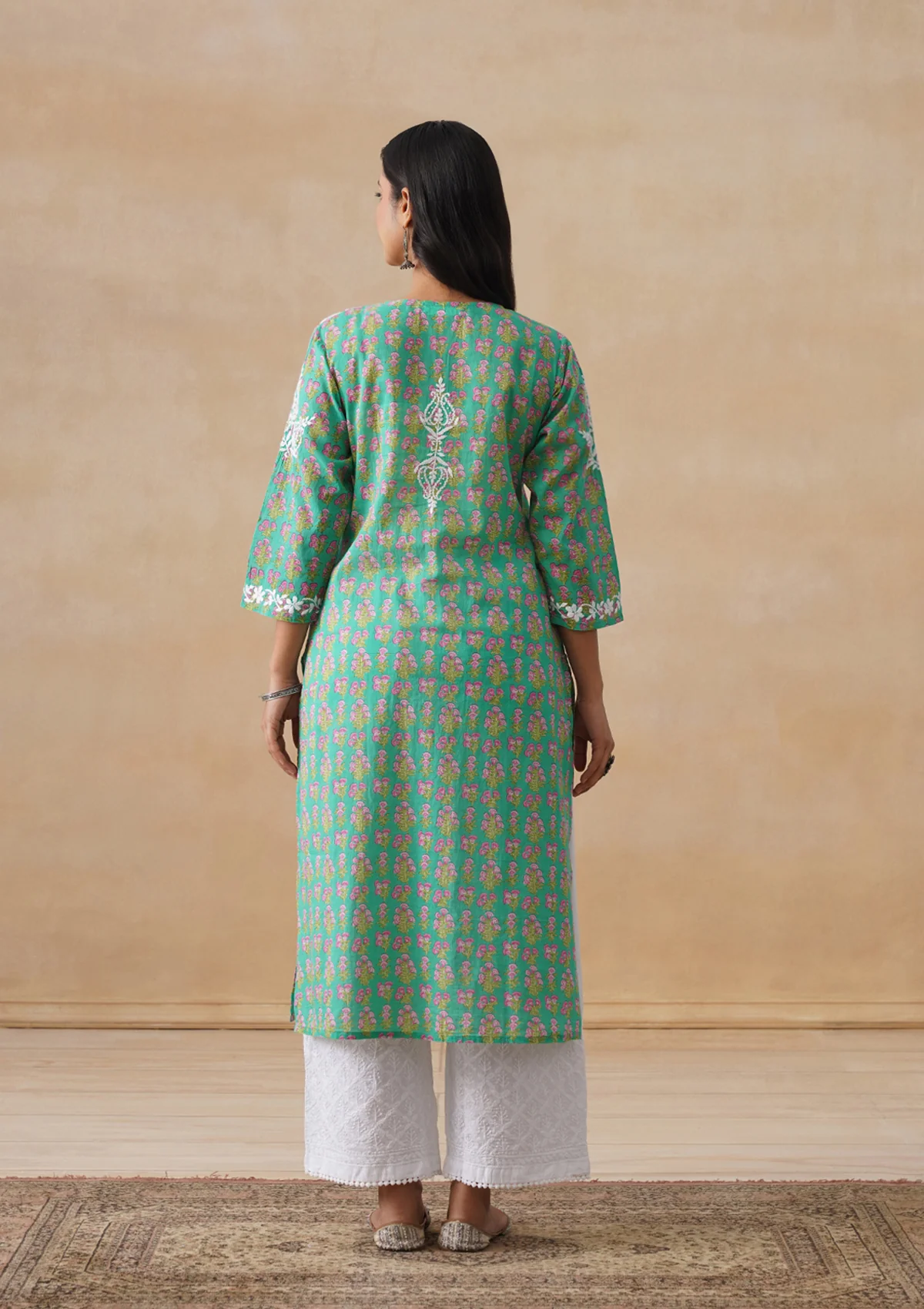 HOC Cotton Chikankari Printed Women's Long Kurta - Green - Image 10