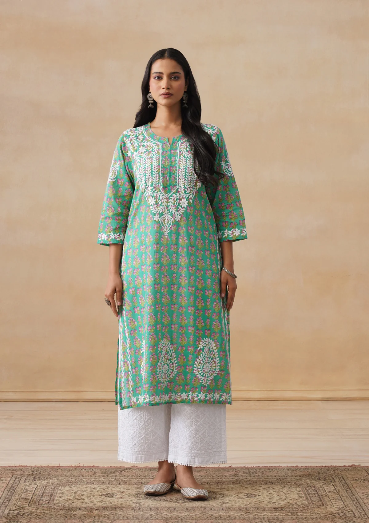 HOC Cotton Chikankari Printed Women's Long Kurta - Green - Image 3