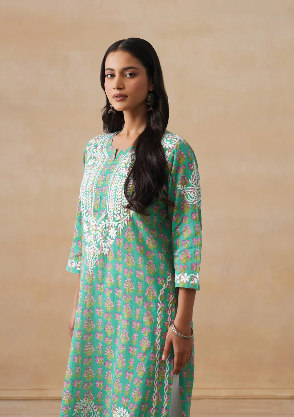 HOC Cotton Chikankari Printed Women's Long Kurta - Green - Image 4