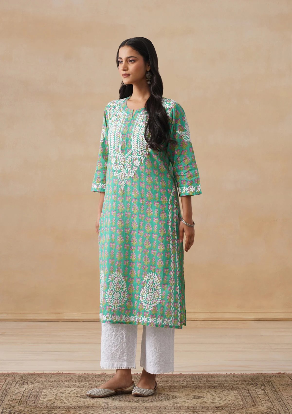 HOC Cotton Chikankari Printed Women's Long Kurta - Green - Image 5