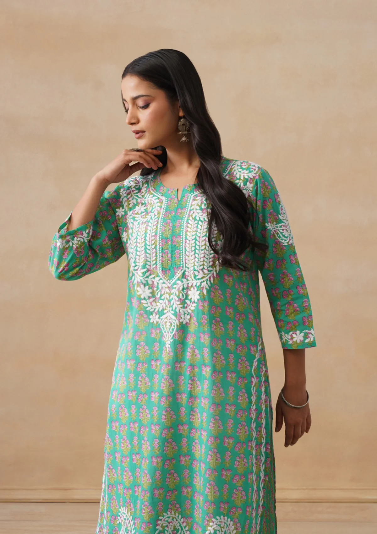 HOC Cotton Chikankari Printed Women's Long Kurta - Green - Image 6
