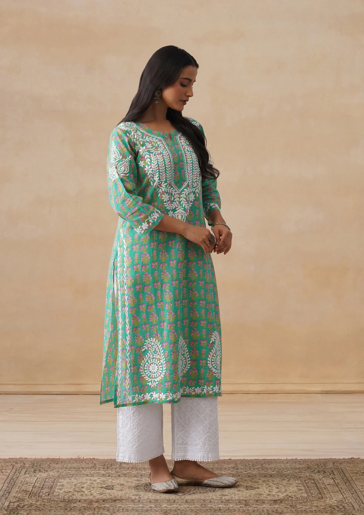 HOC Cotton Chikankari Printed Women's Long Kurta - Green - Image 7