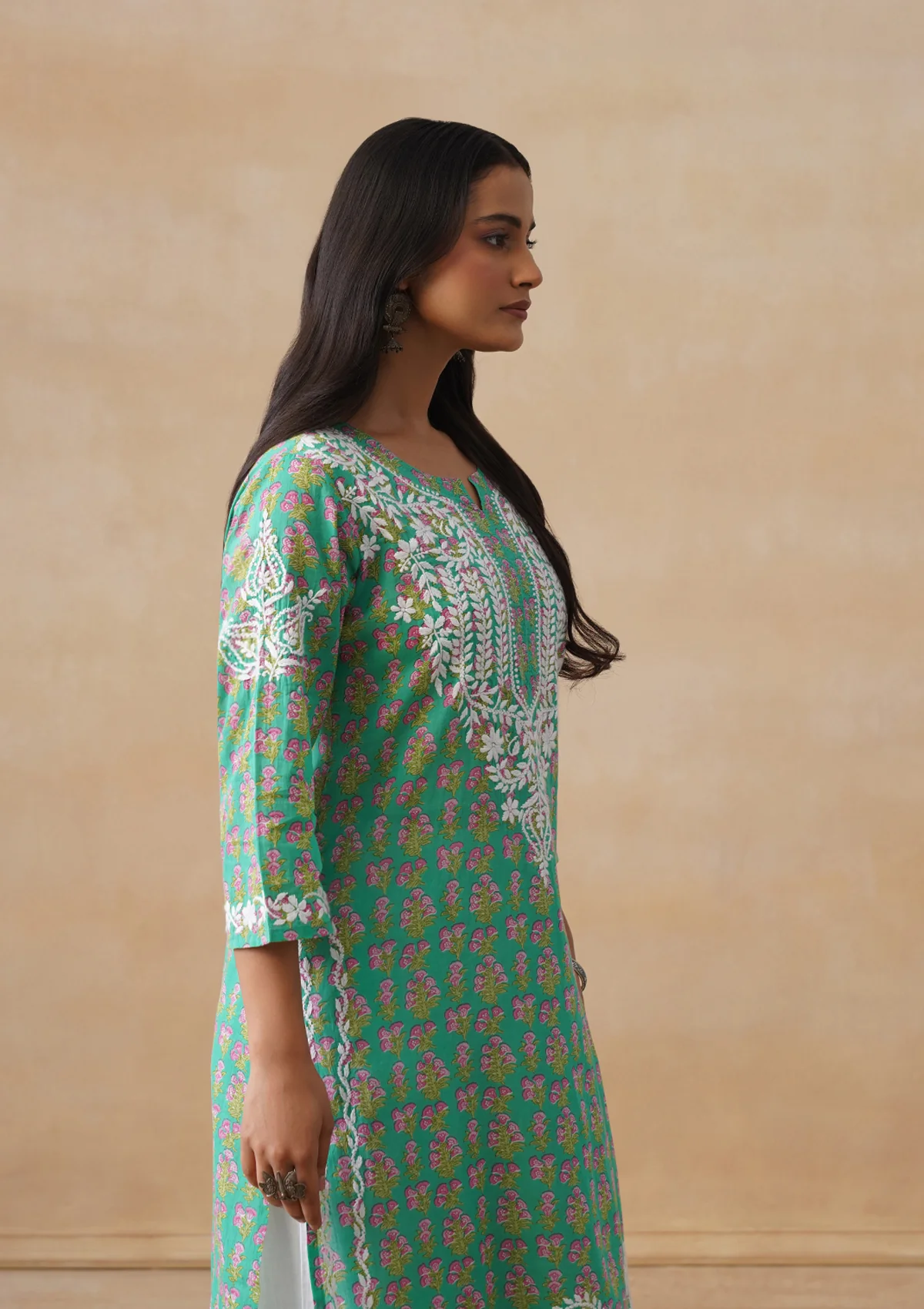 HOC Cotton Chikankari Printed Women's Long Kurta - Green - Image 8