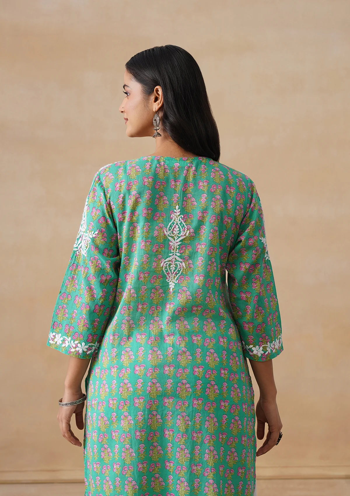 HOC Cotton Chikankari Printed Women's Long Kurta - Green - Image 9