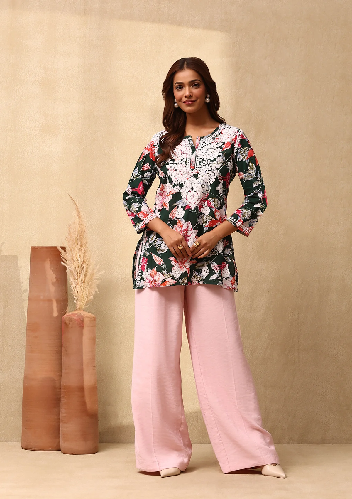 HOC Cotton Chikankari Printed Women's Short Kurta - Green - Image 2