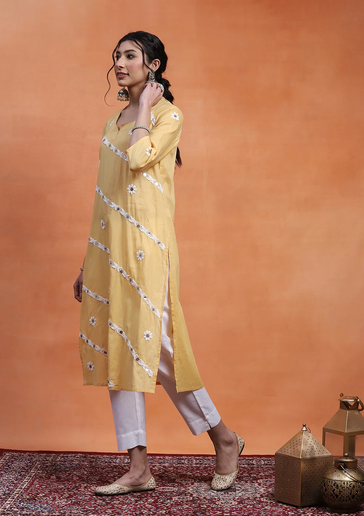 HOC Cotton Chikankari Gota Work Women's Long Kurta - Yellow - Image 3