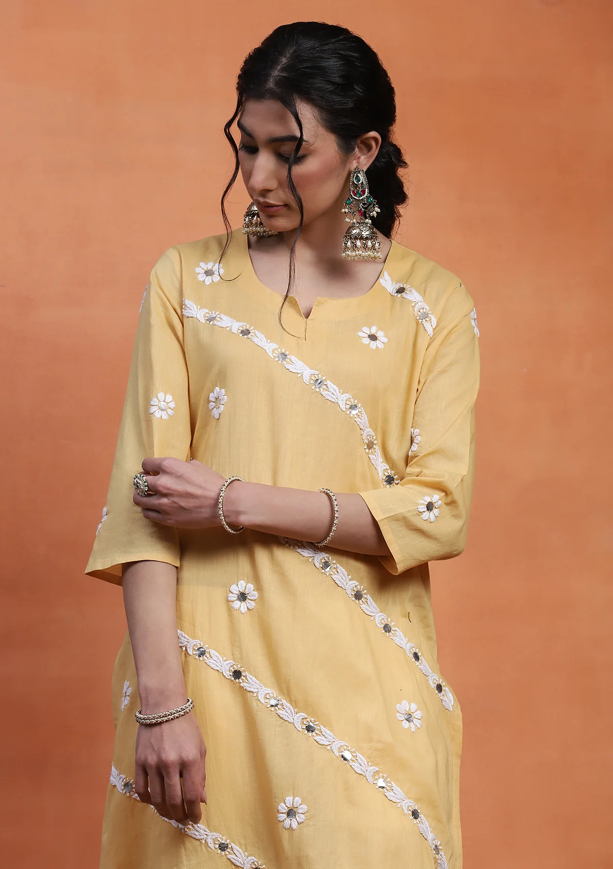 HOC Cotton Chikankari Gota Work Women's Long Kurta - Yellow - Image 4