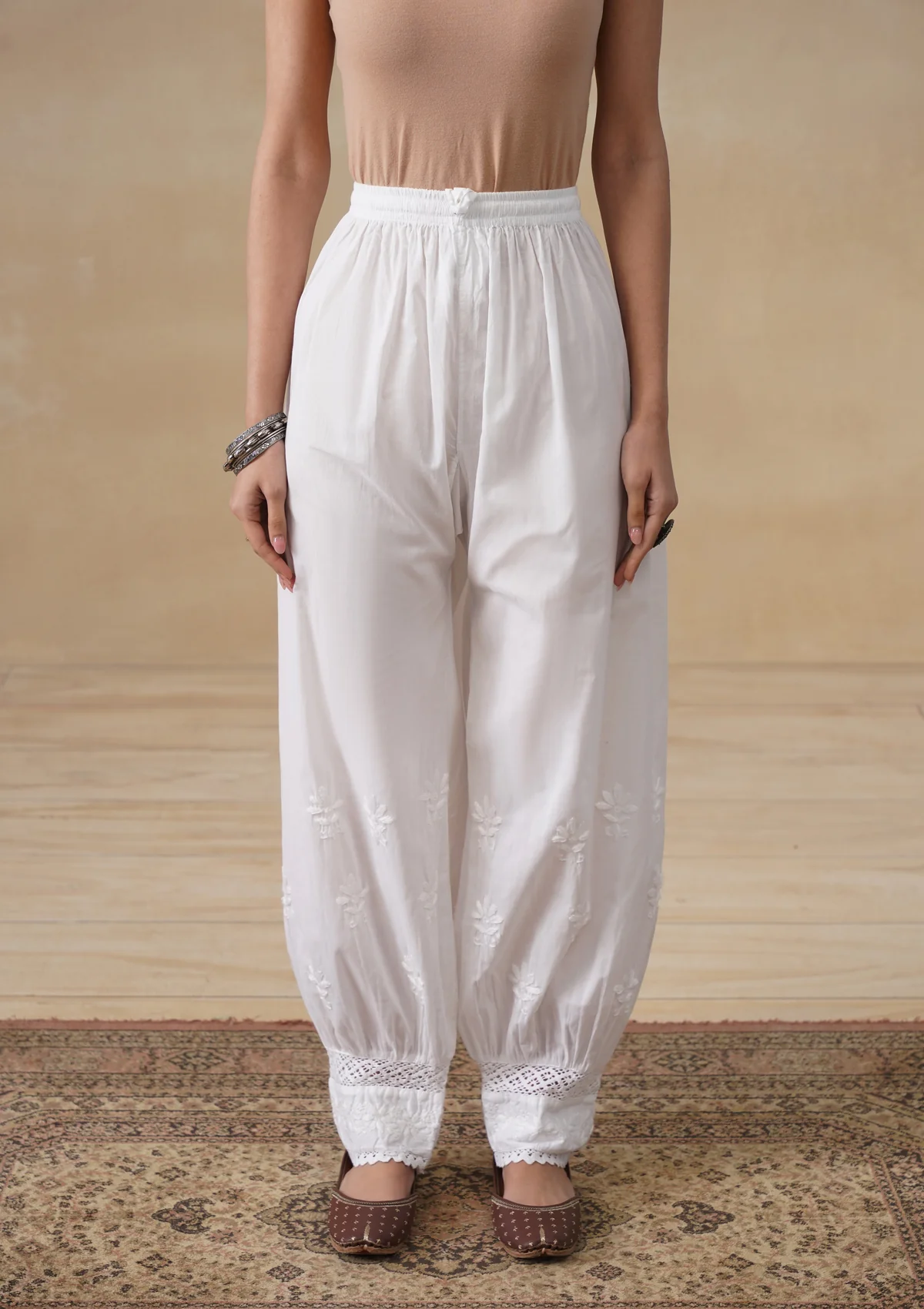 HOC Cotton Chikankari Solid Women's Afghani Pants - White