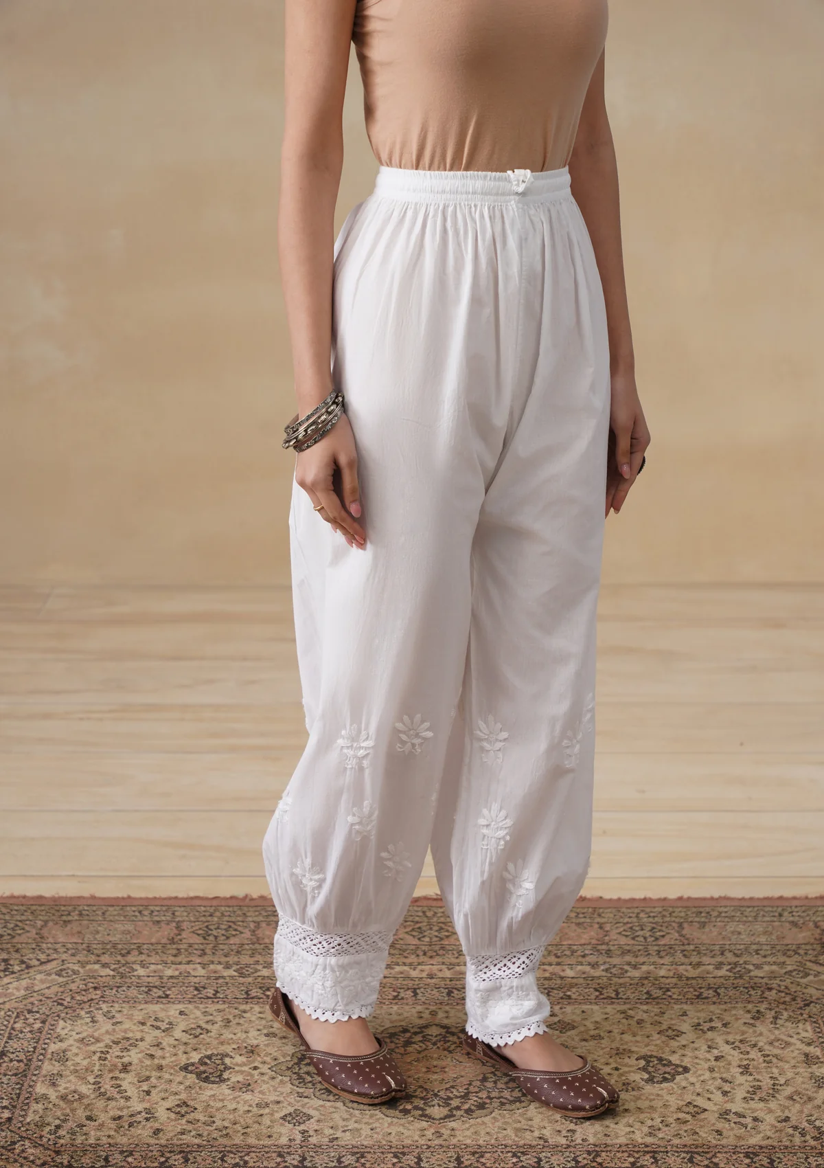 HOC Cotton Chikankari Solid Women's Afghani Pants - White - Image 2