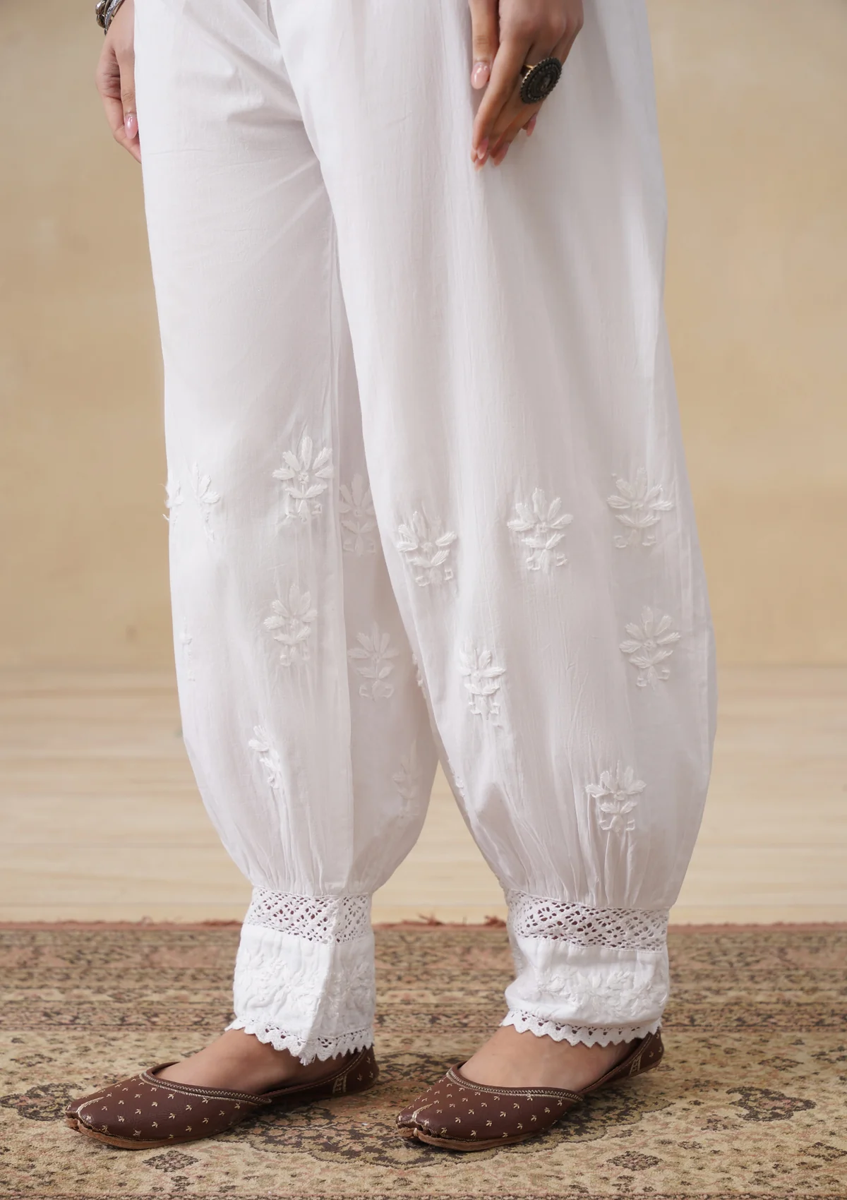 HOC Cotton Chikankari Solid Women's Afghani Pants - White - Image 3