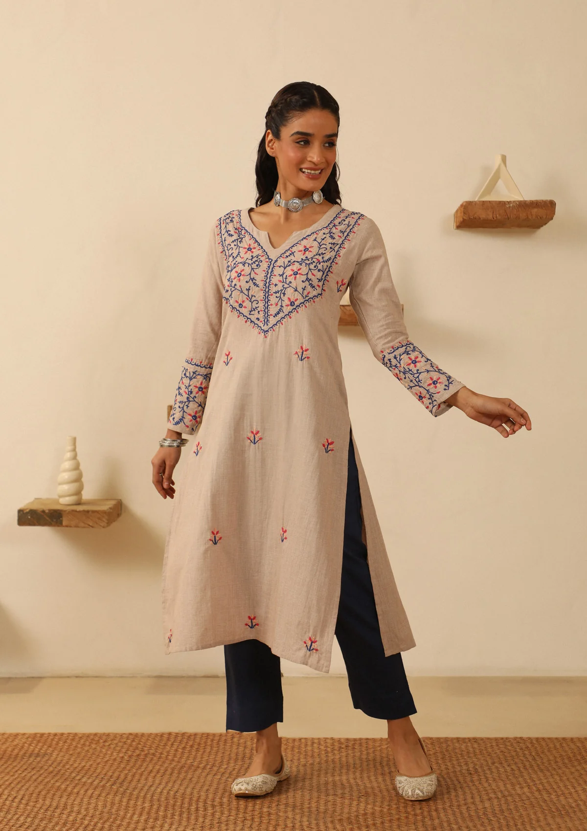 Cotton Chikankari Solid Women's Long Kurta - Beige - Image 2