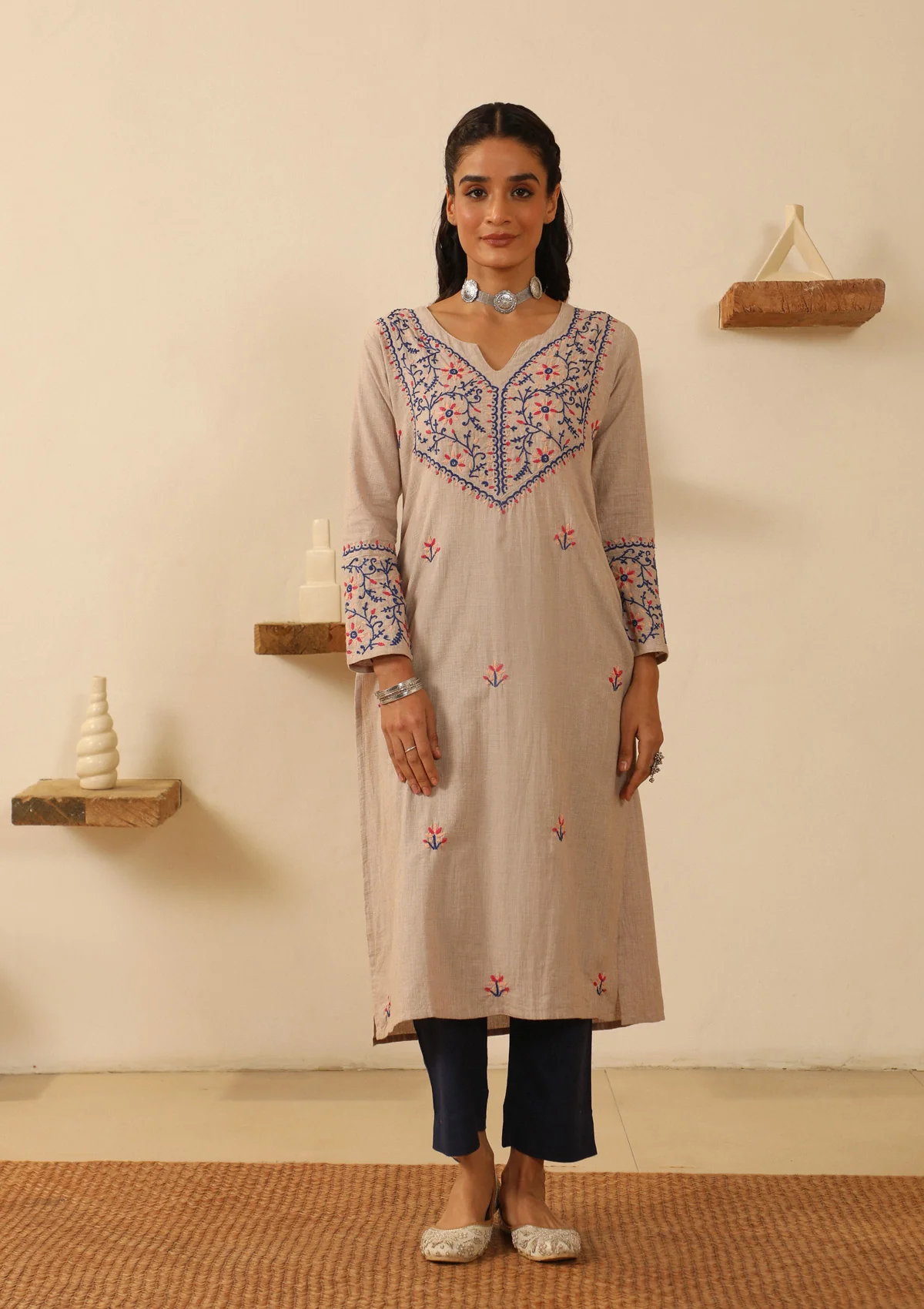 Cotton Chikankari Solid Women's Long Kurta - Beige - Image 3