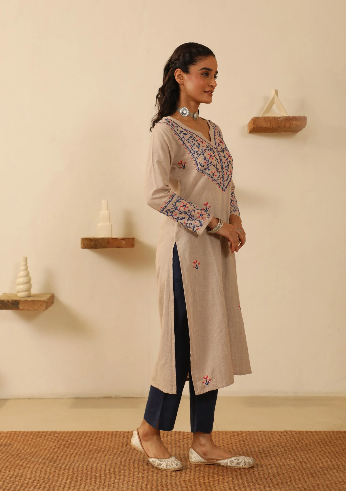 Cotton Chikankari Solid Women's Long Kurta - Beige - Image 4