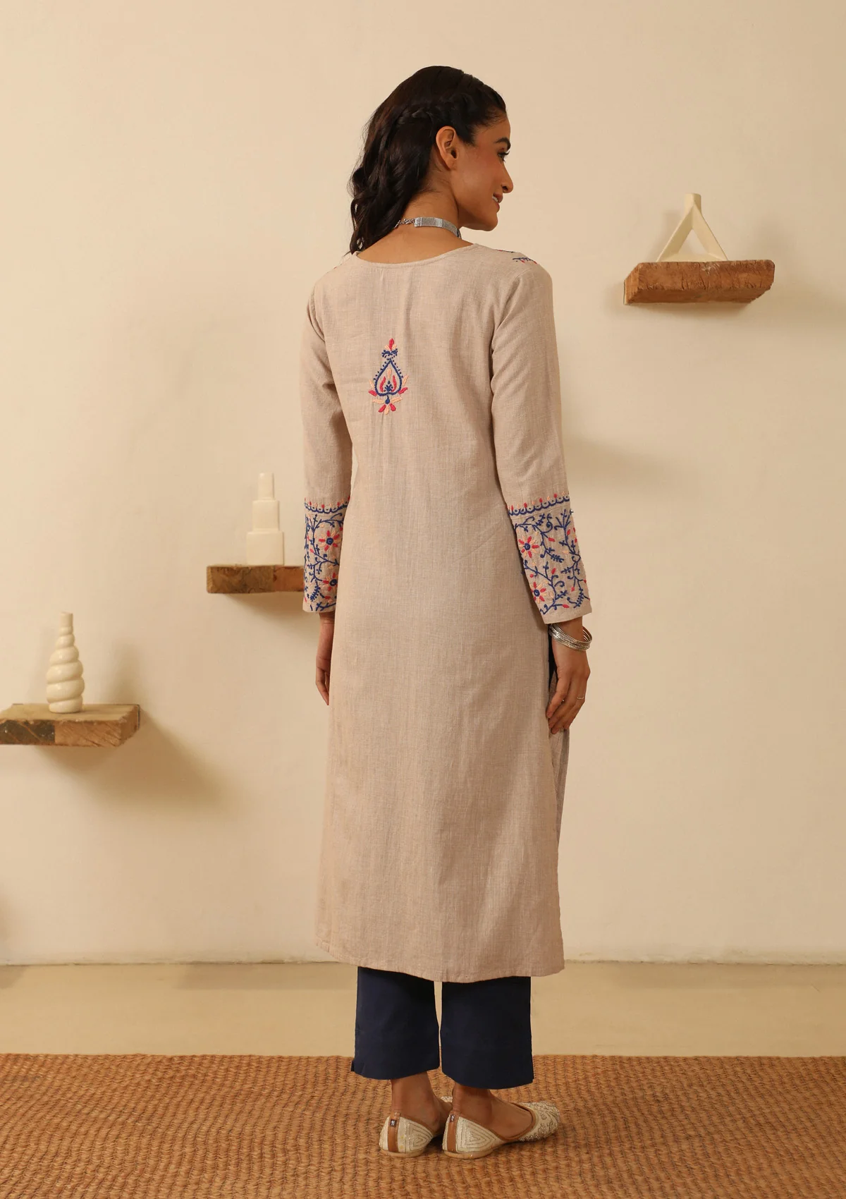 Cotton Chikankari Solid Women's Long Kurta - Beige - Image 6