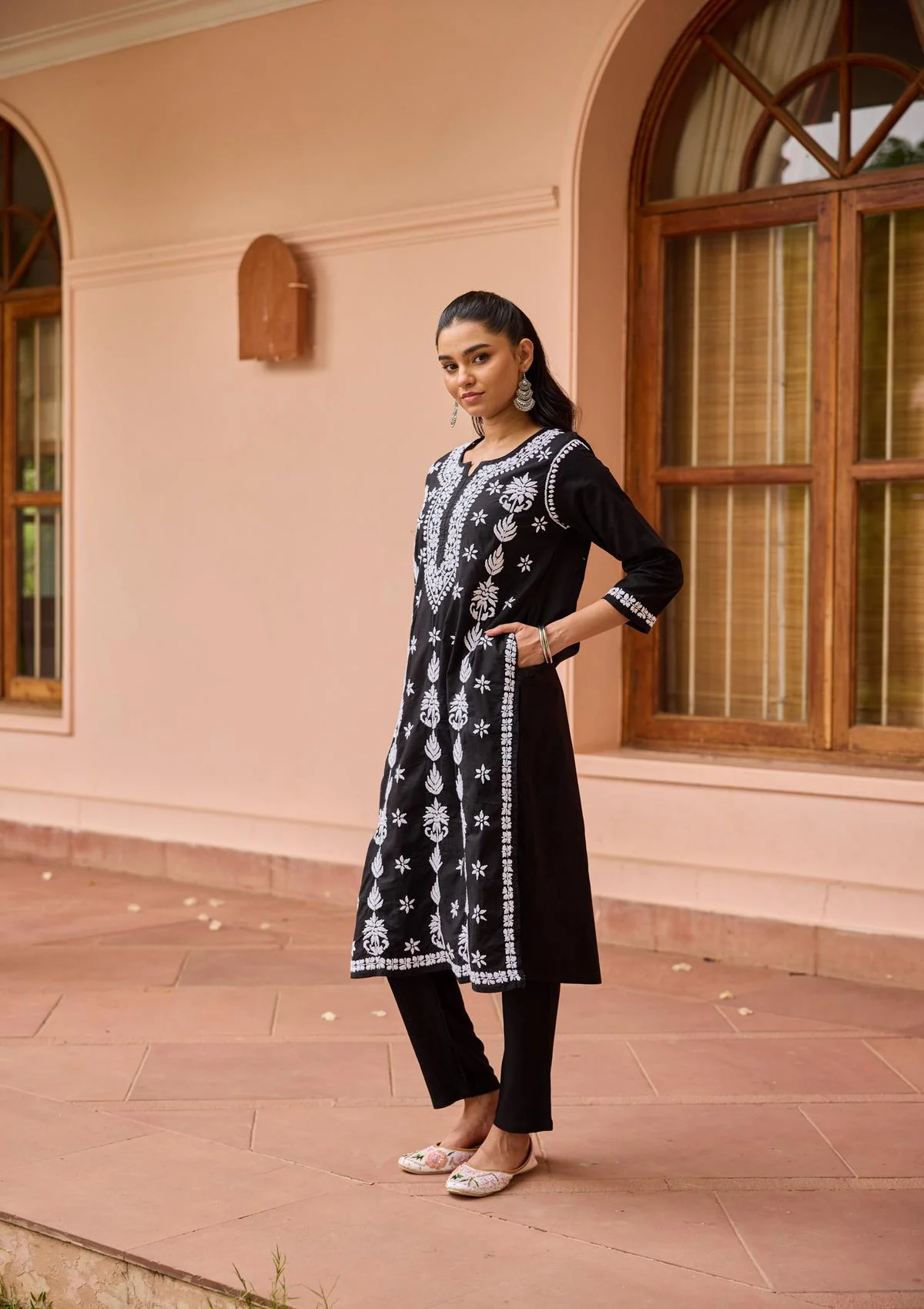 HOC Cotton Chikankari Solid Women's Long Kurta - Black - Image 4