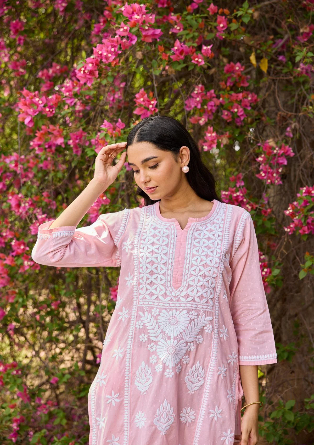 Cotton Dobby Chikankari Solid Women's Long Kurta - Peach