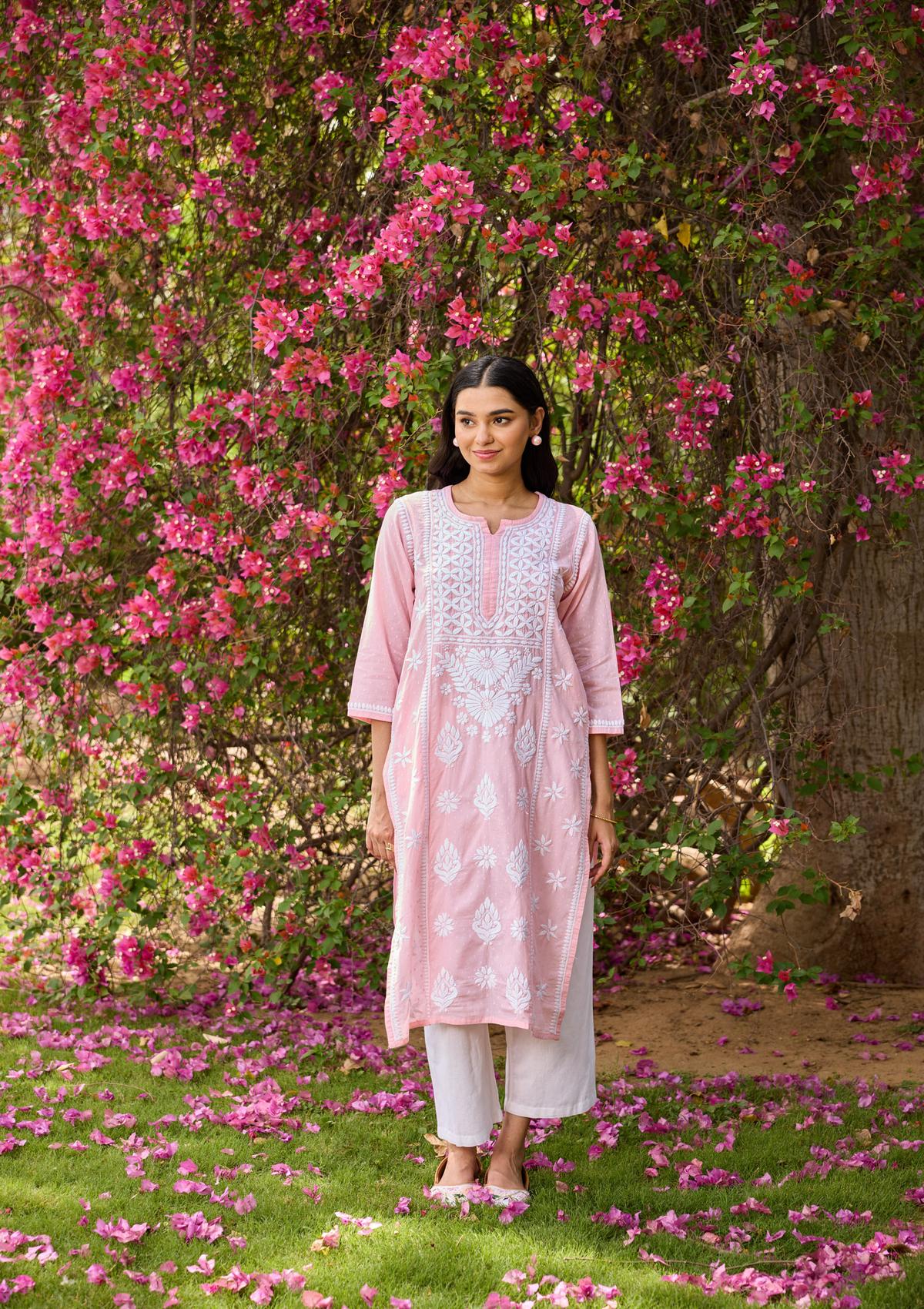Cotton Dobby Chikankari Solid Women's Long Kurta - Peach - Image 3