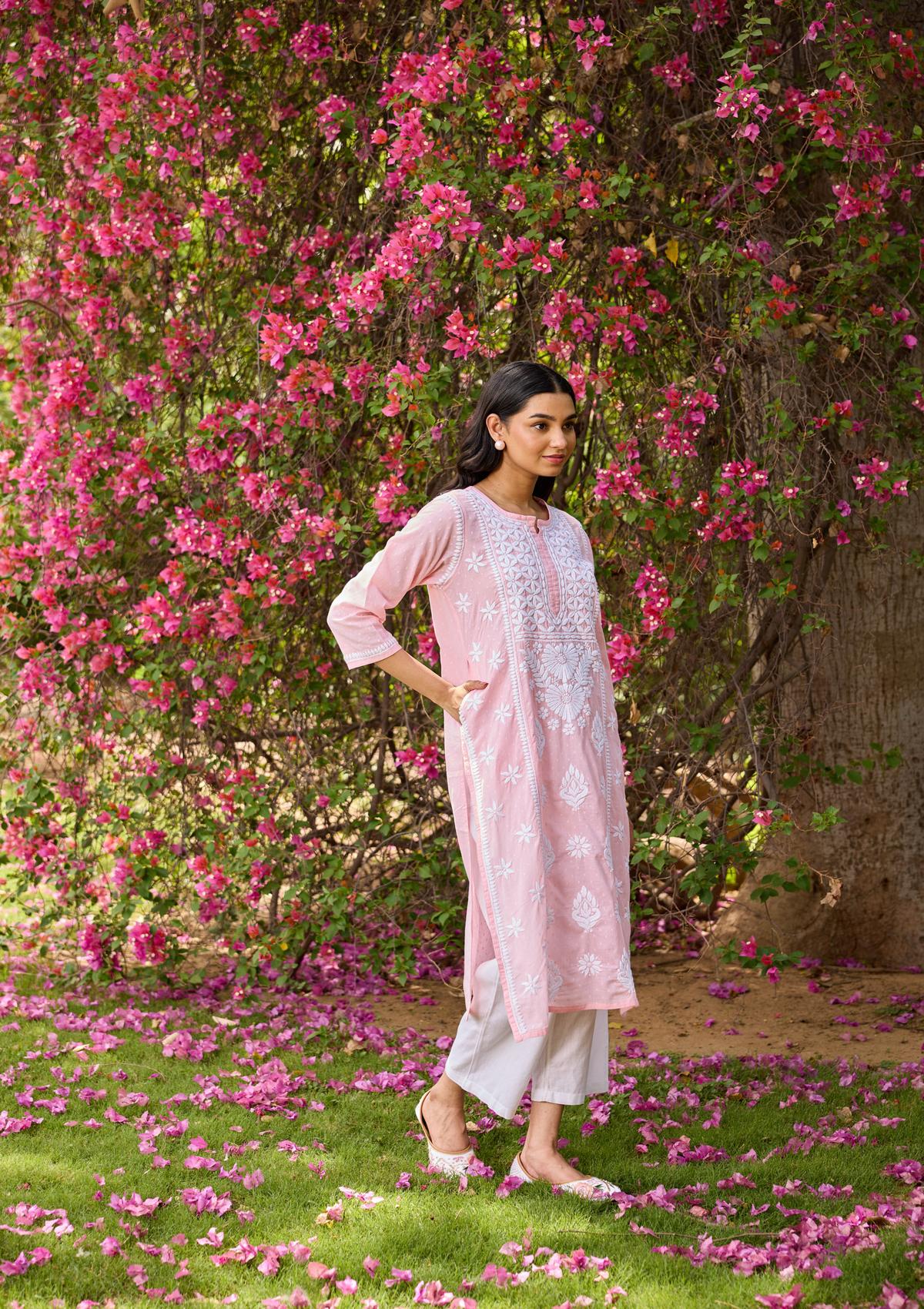Cotton Dobby Chikankari Solid Women's Long Kurta - Peach - Image 4