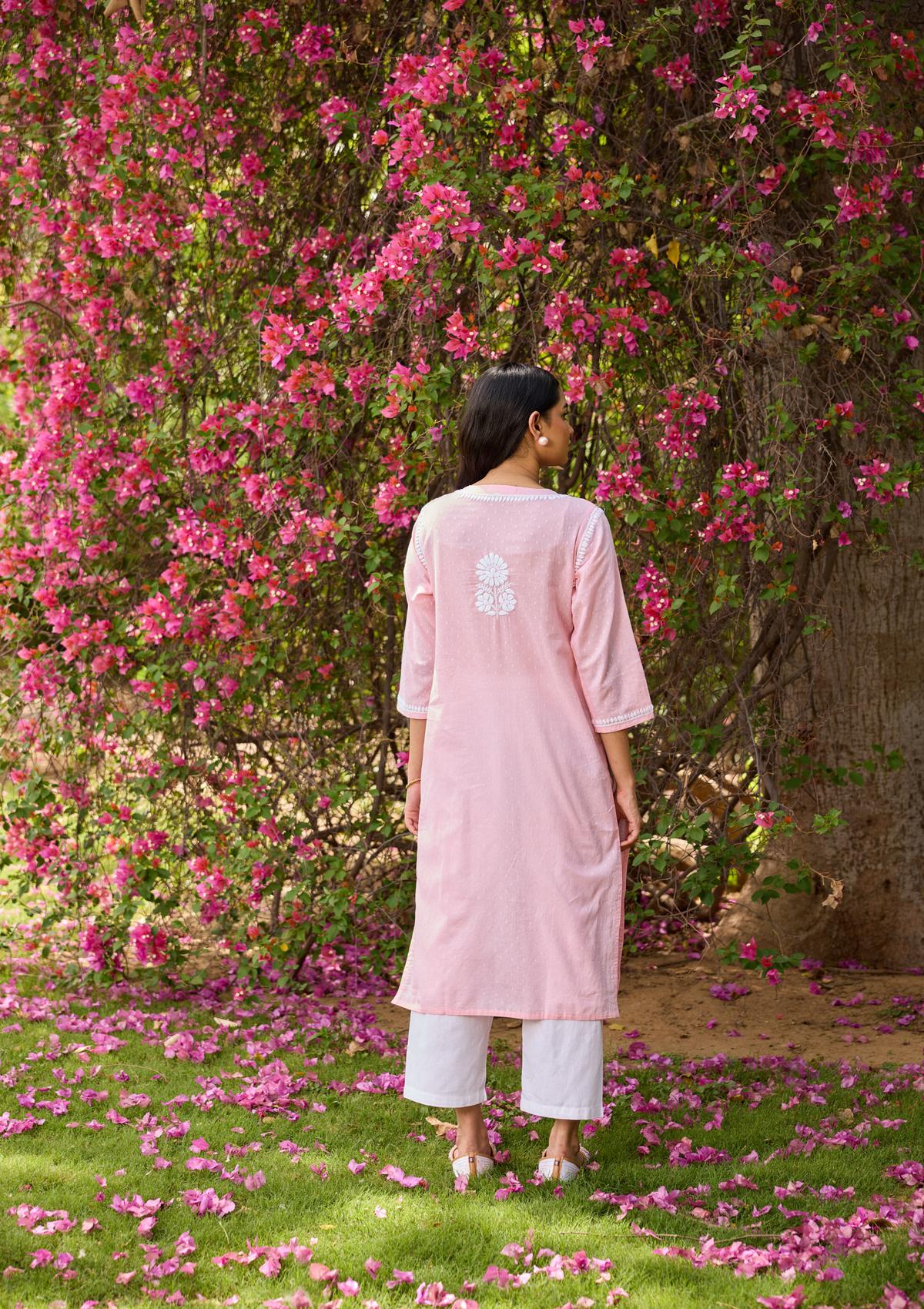 Cotton Dobby Chikankari Solid Women's Long Kurta - Peach - Image 5