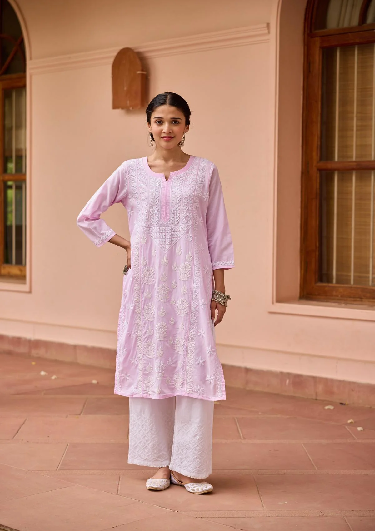 Cotton Chikankari Solid Women's Long Kurta - Pink